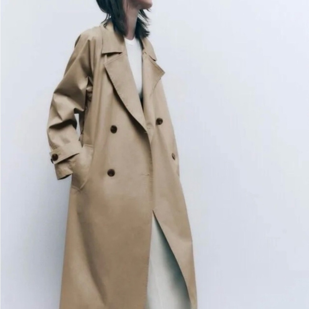 Zara Long Double-Breasted Trench Coat in Beige
